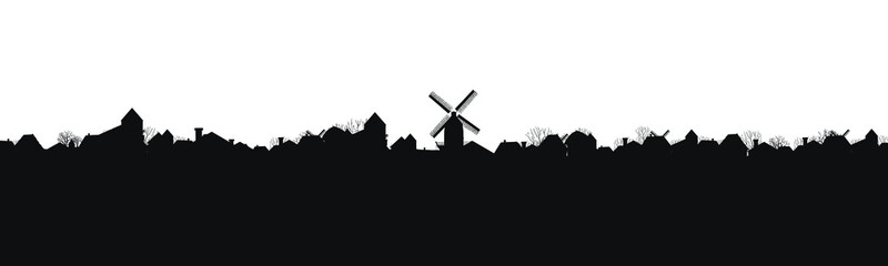 silhouette of a village with a mill. panorama. vector