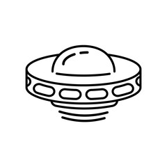 Flying Ufo line icon isolated on white background. Alien space ship. Futuristic unknown flying object. Spaceship vector illustration. World UFO day design.