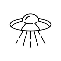 Flying Ufo line icon isolated on white background. Alien space ship. Futuristic unknown flying object. Spaceship vector illustration. World UFO day design.