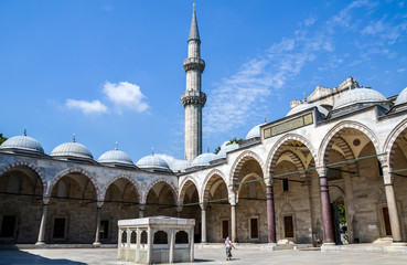View to Minaret from Courtyard of Suleymaniye Mosque an old Ottoman imperial mosque located on the Third Hill of Istanbul, the second largest mosque in the city