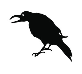Black raven illustrated by ink on a white background. Vector. Image of a bird, crow, jackdaw, magpie. Occultism, mysticism, shamanism, symbol, magic. Chinese style, oriental.