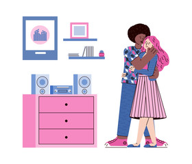 Cartoon couple hugging at home - happy young people standing indoors
