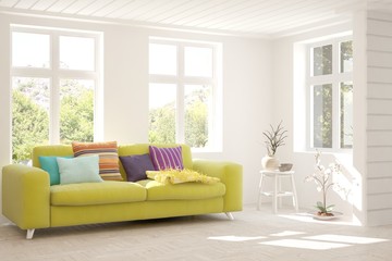White living room with sofa and summer landscape in window. Scandinavian interior design. 3D illustration