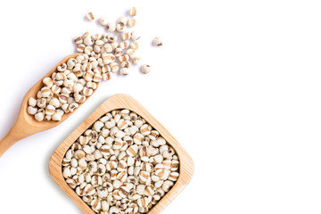 Closeup white Job's tears ( Adlay millet or pearl millet ) in wooden bowl and scoop isolated on white background ,Top view. Flat lay. Copyspace for text.