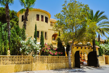 Canarian style houses in the resort town of Orihuela, La Zenia, Spain.