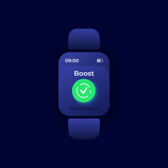 Boost completed smartwatch interface vector template. Mobile app notification night mode design. Successful memory cleaning notice on screen. Flat UI for application. Message on smart watch display