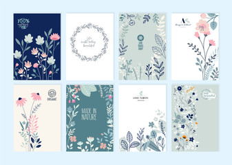 Set of brochure designs on the subject of nature, spring, beauty, fashion, natural and organic products, environment. Vector illustration or cover design templates, annual reports, marketing material.