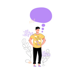 Man with blank thought bubble template floating above his head