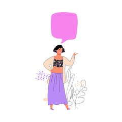 Cartoon woman with blank speech bubble over her head standing