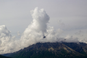 Clouds on the top of mountain at Matanuska glacier Anchorage Alaska