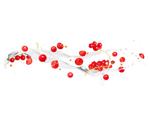 Whole and sliced red currants with milk splashes