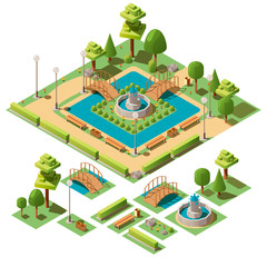 Isometric city public park for recreation with fountain, bridge, benches, trees, bushes, pond. Design elements for garden landscape. Urban green garden for walks, rest, relax. 3d vector illustration.