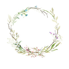 Hand drawing watercolor spring wreath of wild flowers, branches and leaves. illustration isolated on white