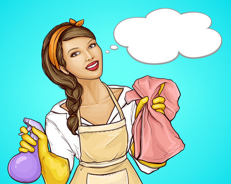 Vector pop art illustration advertising a cleaning service with a smiling housewife. Friendly worker, pretty woman in a uniform and protective gloves, holds cleaning products, retro style