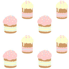 Seamless pattern. Easter cake or sweet bread or Paska. Soft colorful Spring festive background and texture with traditional food in cartoon style. Hand Drawn vector illustration