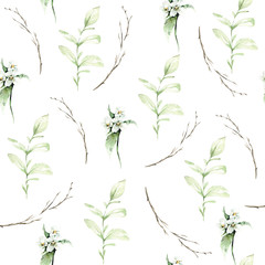 Hand drawing watercolor spring Pattern of wild flowers, leaves and branches. illustration isolated on white. Perfect for summer wedding invitation and card making
