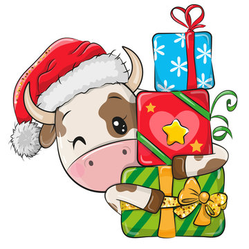 Cartoon Bull with gifts in a Santa hat