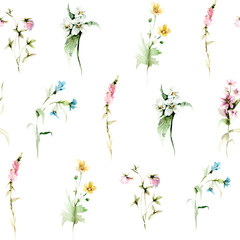 Hand drawing watercolor spring Pattern of wild flowers, leaves and branches. illustration isolated on white. Perfect for summer wedding invitation and card making