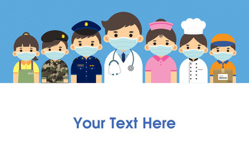 The Frontliners who work for nation during coronavirus (covid-19) outbreak season. Cartoon doctor, nurse, police, military personnel, food servers, couriers & essential retailer flat design.