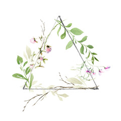 Hand drawing watercolor spring frame of wild flowers, branches and leaves. illustration isolated on white