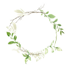 Hand drawing watercolor spring frame of wild flowers, branches and leaves. illustration isolated on white