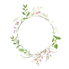 Hand drawing watercolor spring frame of wild flowers, branches and leaves. illustration isolated on white