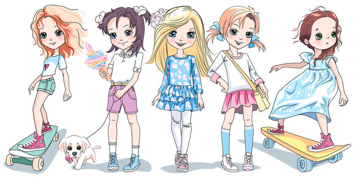 Vector set of cute blond and redhead baby girls in dresses, shorts and sneakers and girls skateboarders