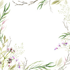 Fototapeta na wymiar Hand drawing watercolor spring frame of wild flowers, branches and leaves. illustration isolated on white