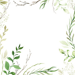 Hand drawing watercolor spring frame of wild flowers, branches and leaves. illustration isolated on white