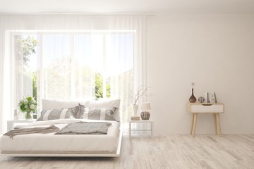 White bedroom interior. Scandinavian design. 3D illustration