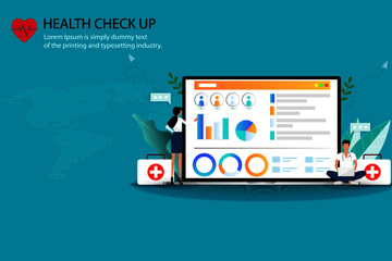 Concept of medical health check up, two doctors are working on a big screen of laptop to plan the medical health check up to treat the patients in green color background.