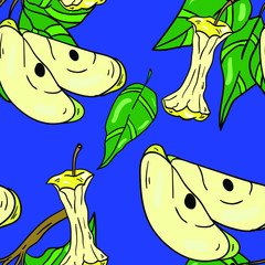 Seamless vector pattern with apple slices and leaves on blue background. Good for printing. Wallpaper, fabric and textile design. Cute wrapping paper pattern with ripe fruits.