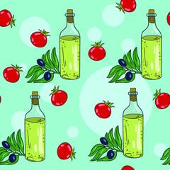 Seamless vector pattern with olive oil and tomatoes on blue background. Wallpaper, fabric and textile design. Cute wrapping paper pattern with delicious food. Good for printing.