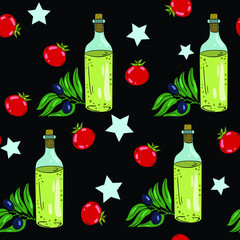 Seamless vector pattern with olive oil and tomatoes on black background. Wallpaper, fabric and textile design. Cute wrapping paper pattern with delicious food. Good for printing.