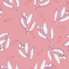 Seamless floral pattern. Vector tropical print. Memphis colorful template on pastel pink background. Hand drawn white, blue and red leaf and flower texture.