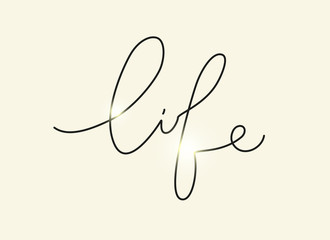 Word Life handwritten by one line. Modern brush calligraphy style. Vector isolated on beige nude background with sparkling elements