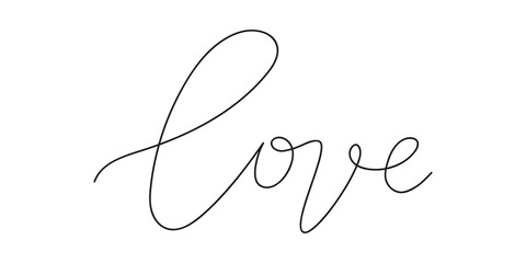 Vector illustration Love handwritten by one line. Outline black text on white background. Calligraphy style single line lettering