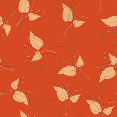 Fototapeta premium Sketched golden and yellow plants or herbs collection red white background. doodle texture. Autumn garden, green and brown foliage falls endless concept.