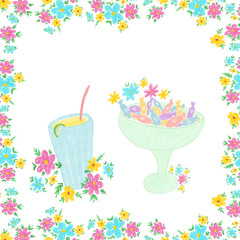 Hand drawn flowers frame with lemonade and sweets, drawn in soft colors, good for greeting cards, prints, planners, notes, copybooks