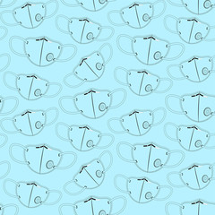 Template with black medical respirators on a blue. Vector seamless pattern for medical center, pharmacy, hospital, printing on packaging. Disease prevention, protection from infections, safety