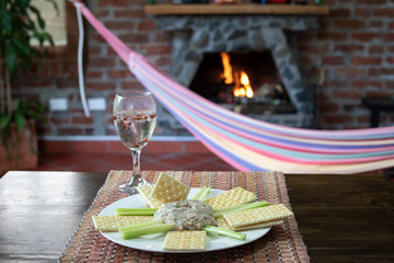 tuna and celery snack at the fireplace