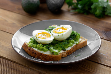 Avocado healthy toast with boiled egg. Square wholegrain bread toast.