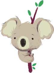 The cute koala 
sitting on a tree.  Australian animals to lie. Lazy cartoon character.
