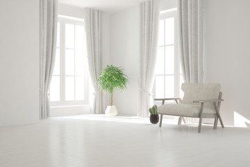 White living room with armchair. Scandinavian interior design. 3D illustration