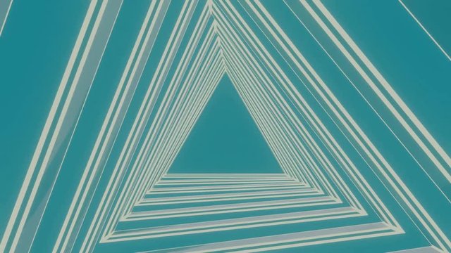 Star shape animation, rotating triangles creating caleidoscopic patterns and interesting visual effects, white lines on ocean blue background. Simple minimalist movie