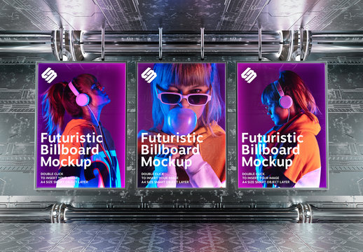 3 Billboards On Futuristic Underground Wall Mockup