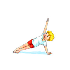 Kids Yoga - Joga für Kinder, Asana Pfeil, horizontal Banner Design Concept Cartoon. Junge barfuß in Yoga Haltung, macht fröhliches Gesicht. Yogi Logo auf Hintergrund in weiß.