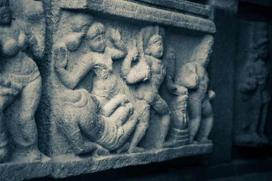 the stone sculpture depicting the murder scene of adhitha karikalan in pord bragadeeswarar temple in india