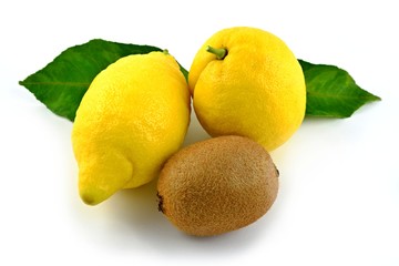 Mix of fruits, two yellow lemons, one brown kiwi. Green lemon leaves.