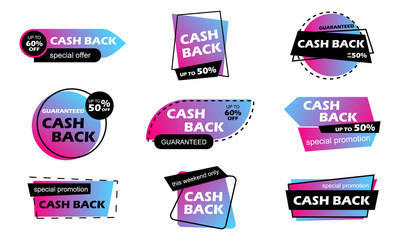 Cash back banners. Cashback tag collection. Saving and money refund icons. Cashback money badge and banner, business warranty